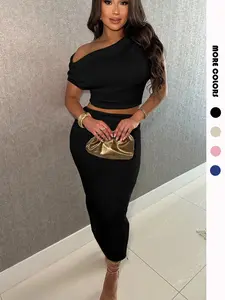 USBOUTIQUECHIC Women's 2-Piece Loose-Fit Fabric Womenswear Set - Crop Top & A-Line Skirt