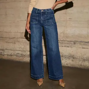 2026 Spring New High Waist Straight Jeans Women's Slim Wide Leg Retro Temperament Trousers with Double-Pocket Design Bottom Denim