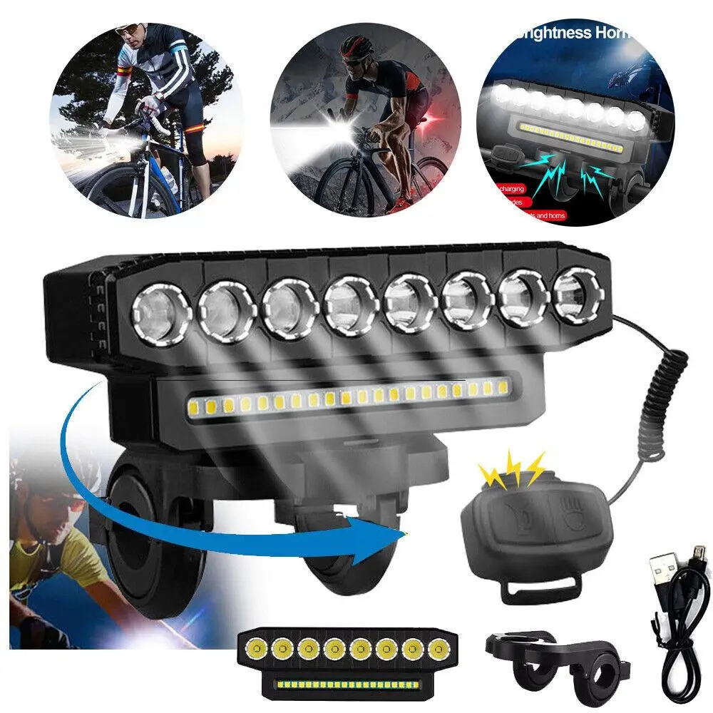 USB Rechargeable Bicycle Light Set - 900 Lumen Ultra Bright Front & Rear Bike Lights with 7 Modes, 120dB Horn, Free Taillight for Night Riding Safety