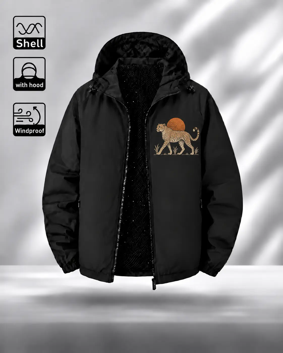 Cheetah Sunset Windbreaker Jacket, Hooded Zip-Up Shell with Animal Back Graphic, Nature-Inspired Casual Streetwear