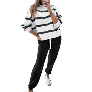 Women's Striped Two Piece Outfit Long Sleeve Drop Shoulder Pullover Tops & Jogger Pants Sets Casual Style Comfortable Everyday Wear,Winteroutfit