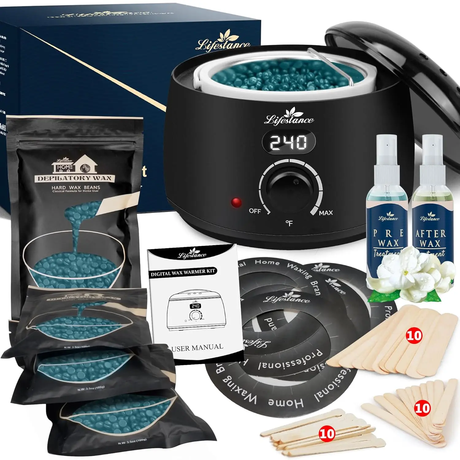 Lifestance Waxing Kit for Women & Men - L2 Digital Wax Pot Warmer | Brazilian & Bikini Hair Removal Kit with 14.1oz Hard Wax Beads & 42 Accessories, Professional for Face, Leg, Eyebrow