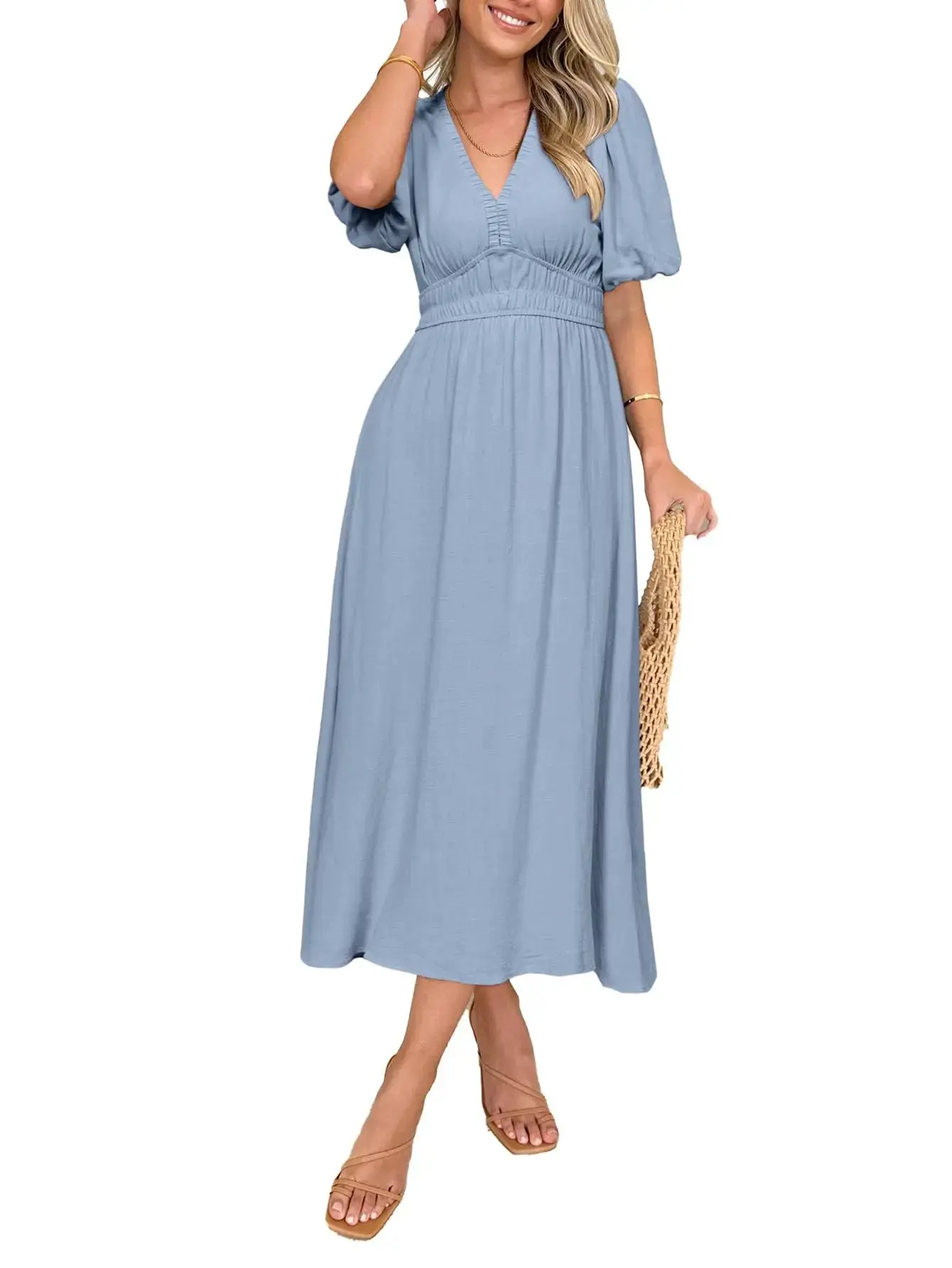Women's Boho Smocked Maxi Dress - Casual V-Neck Puff Sleeve Maternity Clothes in a Polyester Blend for Wedding Guests, Ruched