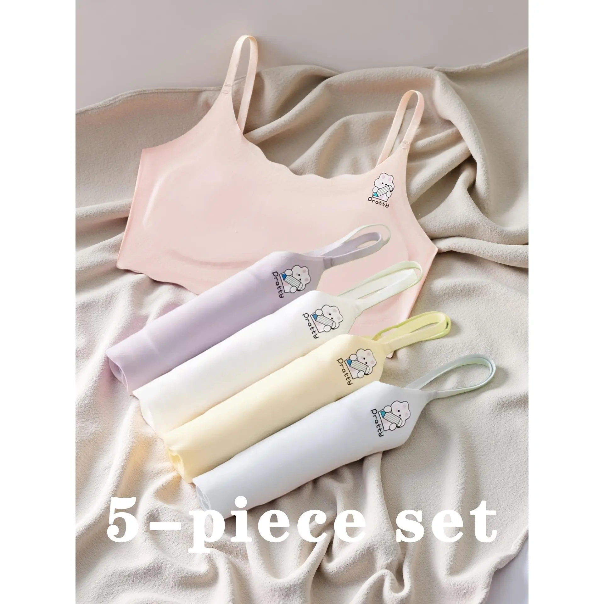 5-piece set of girls' training camisoles, seamless thin-strap bras, cute cartoon sports vests girls, comfortable and breathable training bras elementary school students, suitable girls aged 7-12 years