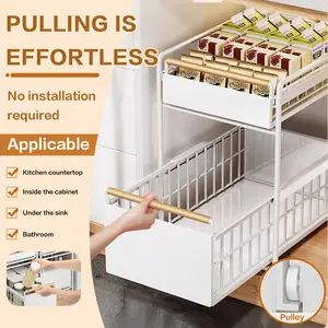 A Pull-Out Storage Basket for Under The Kitchen Sink, Featuring a Wooden Handle. This Pull-Out Spice Rack Is Made of Carbon Steel And Can Be Used for Both Countertop And Sink Cabinets. It Serves As a Multifunctional Drawer-Style Tiered Spice Organiz NEW