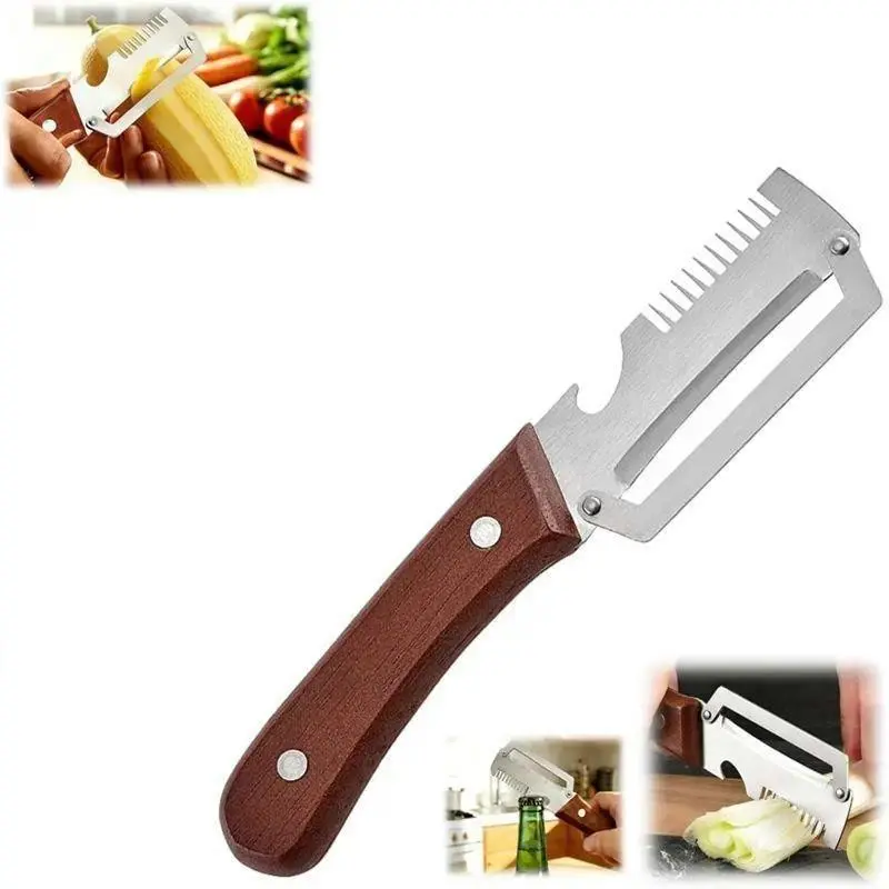 2026 NEW Multi-Functional Vegetable Peeler with Wooden Handle, Bottle Opener, and Grater, Three-In-One Kitchen Tool for Potatoes, Pumpkins, Garlic, Pineapple, Carrots