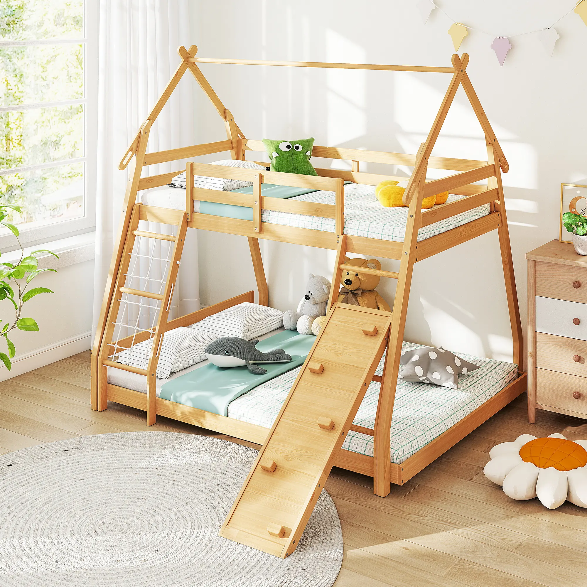 Sweetcrispy LIVE - Twin Over Full Bunk Bed, House Bed with Climbing Nets and Climbing Ramp, Wood Bunk Bed with Roof, Low Bunk Bed Frame with Safety Guardrails and Ladder,for bedroom