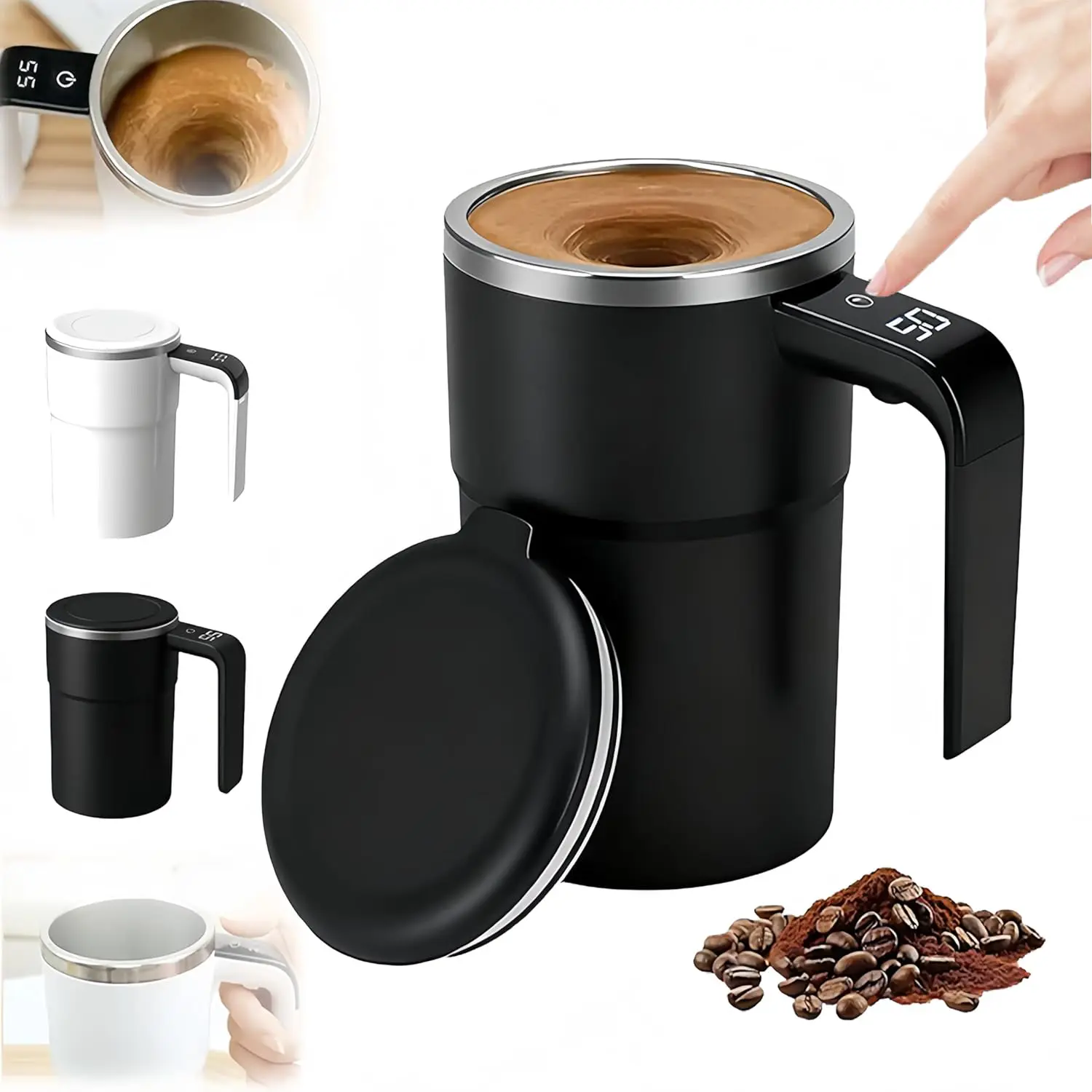 Automatic Stirring Coffee Cup with Temperature Display, Magnetic Stirrer with Lid, USB Charging, Washable, Self Stirring Mug, Travel Coffee Mugs for Coffee Tea Hot Chocolate, 380ml