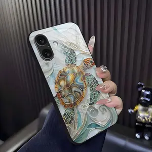 Mosaic Sea Turtle Adorable Glass Phone Case for [iPhone 16 Plus]  Aesthetic Ocean Wave Shell Texture Hard Cover Girly & Chic Style 952