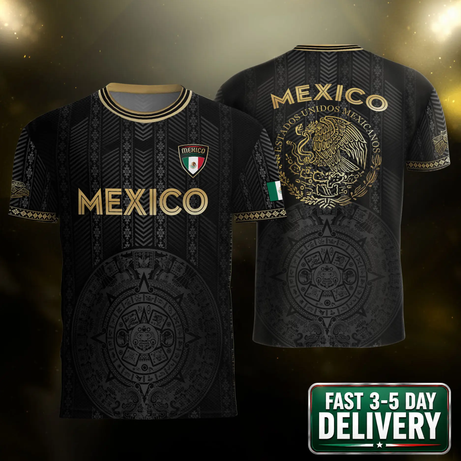 Black Mexico Soccer Jersey Men Women, Gold Aztec Eagle Graphic Football Shirt, Mexico Fan Gear