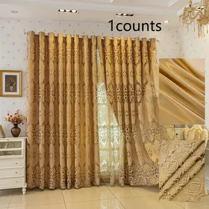 European Style Coffee Color Hollow Out Double Layer Curtains, Finished Window Drapes for Home Decoration, Simple Design Sunlight Blocking