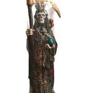 13 inch HEM Santamuerte Statuewith Crown, Death Statue with Skull Design, Gold and Green Accents, Decorative Figurine for Home Decor