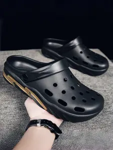 Men's Gray and Orange Color Block Clogs, Breathable Hollow, Anti-Slip Wear-Resistant, Dual-Wear Design, Daily Casual, Beach Outings