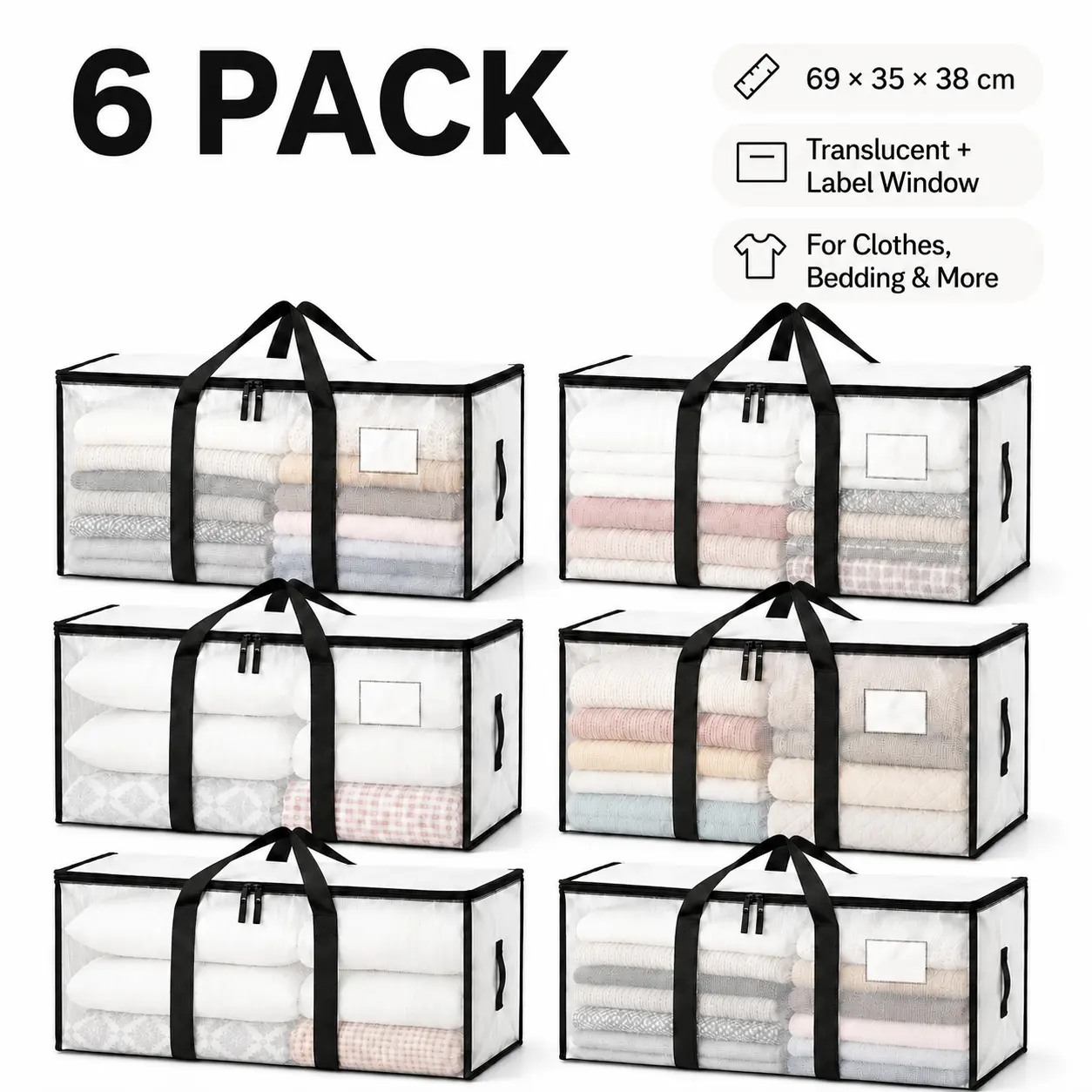 6 Pack Extra Large Christmas Ornament Storage Box, Moving Bags with Backpack Straps, Reinforced Handles & Strong Zipper, Heavy Duty Holiday Storage Bags for Clothes, Bedding, College Dorm & Car Trunk Storage