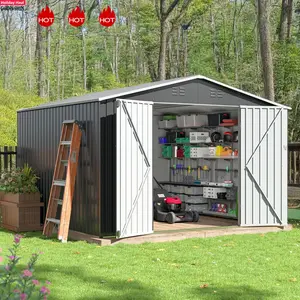 Hohuqeri 10x12 Ft Outdoor Storage Shed, Extra Large Metal Shed with Lockable Doors, Outside Steel Tiny House Ideal for Garden, Backyard, Patio Utility, Tool Storage, robust hinge triple shedsale bicycle aoxun vent air double roof shed outdoor storage