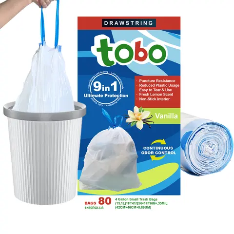 Tobo Drawstring Plastic Trash Bags, 4 Gal OdorShield Odor Control, 80-Count White Vanilla Scent Box Pack, Leak-Proof, Durable, Tear-Resistant, Easy-Tear for Kitchen, Bathroom, Office Use