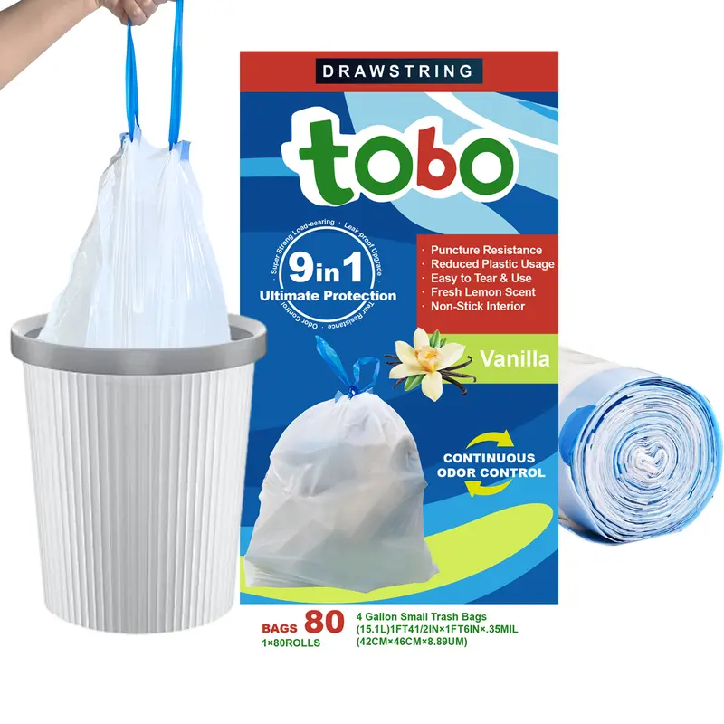 Tobo Drawstring Plastic Trash Bags, 4 Gal OdorShield Odor Control, 80-Count White Vanilla Scent Box Pack, Leak-Proof, Durable, Tear-Resistant, Easy-Tear for Kitchen, Bathroom, Office Use