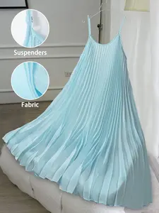 Plus Size Light Blue Pleated Maxi Dress with Adjustable Straps, Casual Wear, Perfect for Spring Summer Vacation Casual or Date
