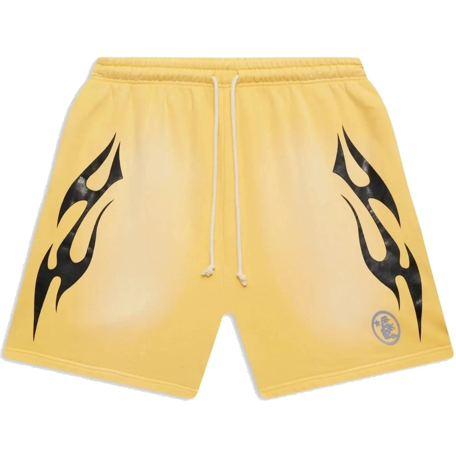Hellstar Studios Flame Shorts Yellow, Authentic, Elastic Waist, Drawstring, Streetwear Shorts, Casual Everyday Bottoms