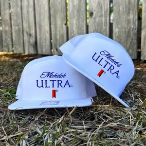 Michelob Ultra Embroidery 7 Panel Hat – Bottomland Camo, Brackish, White & Black Mesh Snapback, Western Style Trucker Cap, Flat Bill Vintage Beer Hat