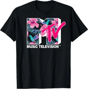 100% Cotton Unisex MTV Hummingbird & Tropical Flower Logo Fill Graphic T-Shirt T-Shirt