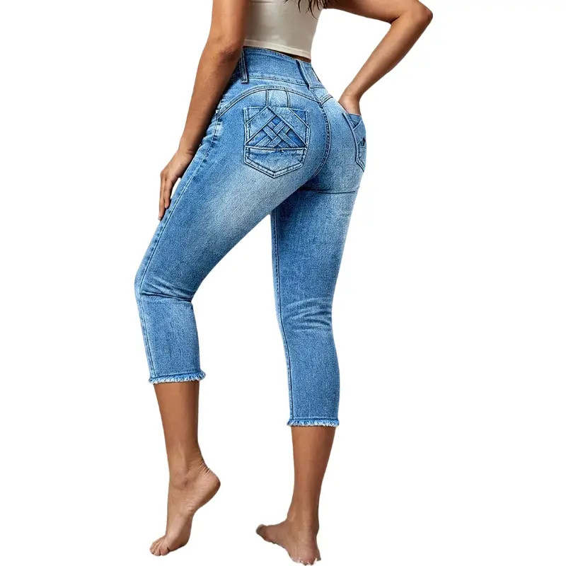 Flamingals Braided Detail Raw Hem High Rise Capri Skinny Jeans Stretchy 19.7'' Inseam