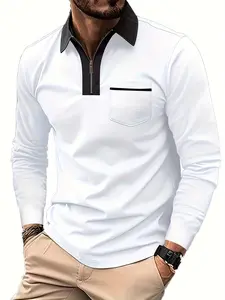 Men's Half-Zip Long Sleeve Polo Shirt, Breathable Fabric, Colorblock Collar, Patch Pocket Design, Comfortable Fit, Casual Business Wear