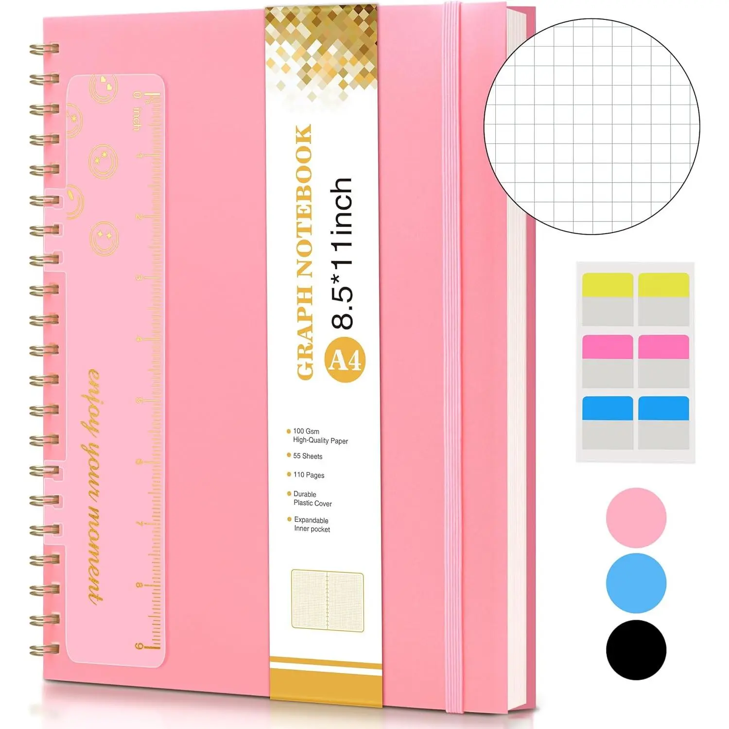 Graph Paper Notebook - Spiral Notebook Journal 8.5" x 11" - A4 Large Grid Paper - 100 GSM -  Plastic Hardcover for Women & Men
