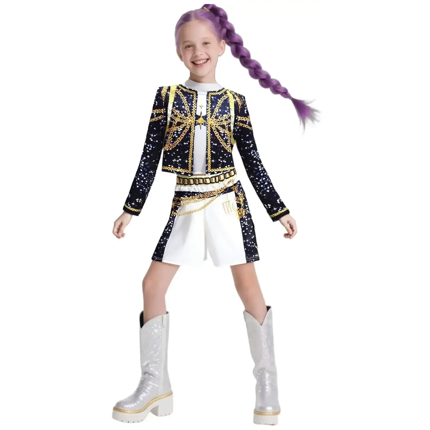 Girls’ 3-Piece Halloween Performance Costume Set, Printed Split Mesh Top and Matching Bottoms, Girls Dance Stage Party Role-Play Outfit