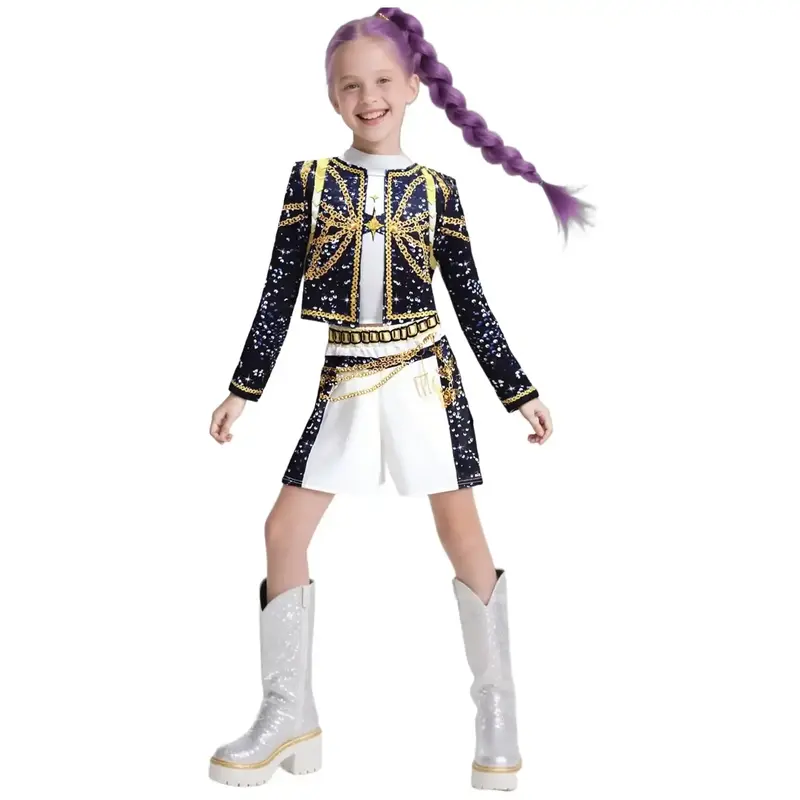 Girls’ 3-Piece Halloween Performance Costume Set, Printed Split Mesh Top and Matching Bottoms, Girls Dance Stage Party Role-Play Outfit