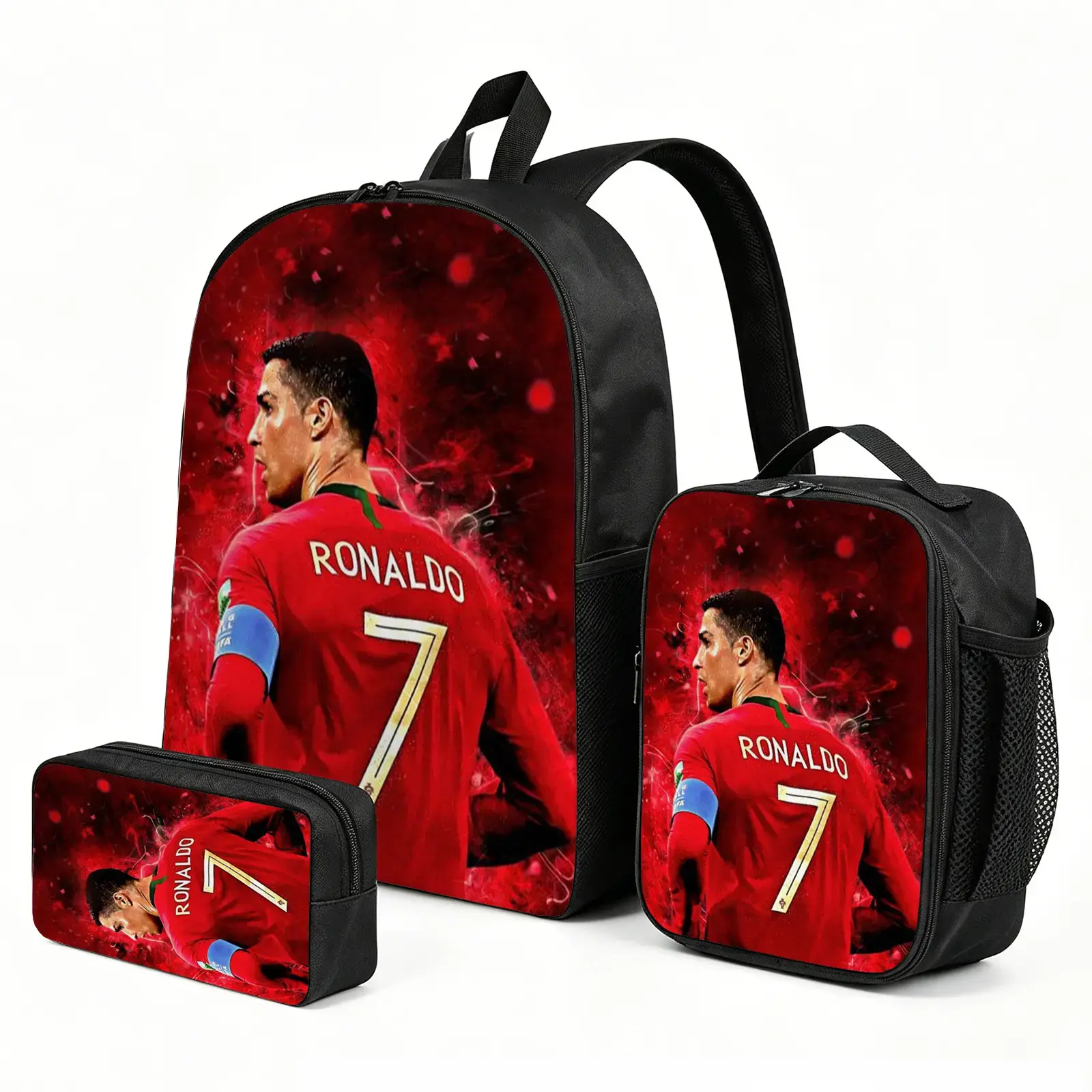 CR7 3-Piece Kids Backpack Set - Insulated Lunch Bag, Cute Printed Bookbag, Pencil Case Combo for Boys, Girls, Elementary School (Backpacks for School, Travel Daypacks)