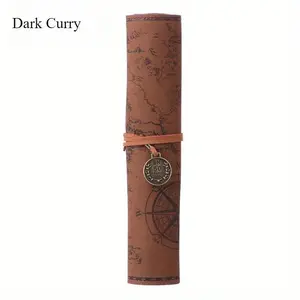 Vintage Treasure Map Design Leather Pencil Roll, Pencil Bag, 1 Count Secure & Spacious Organizer for Art & Writing Supplies, Art Materials, Office Stationery & Supplies, Art Drafting Pencils