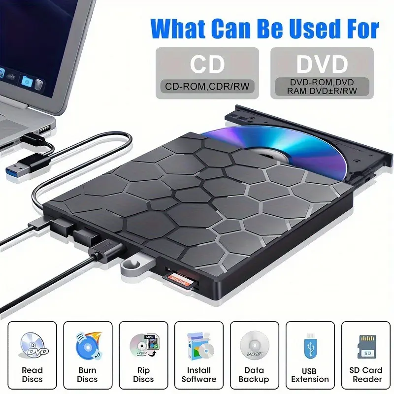 Laptop external CD/DVD drive, laptop DVD player, 8-in-1 USB 3.0 ultra-thin portable, CD drive external USB CD reader, compatible with desktop Windows 11/10/8/7 Linux, Rip Discs, USB Extension, Install Software, Data Backup, SD Card Reader