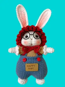 Happy Baby Handmade Crocheted Rabbit Bunny Gift Present with Traditional Design Adorable Glasses Bow Tie 6 Inches Tall