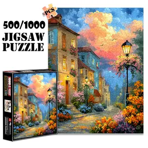 1pc 1000 piece adult puzzle 70x50cm Scenic Street with Colorful Buildings, Lamps & Blooming Flowers at Dusk 500 pieces of paper jigsaw puzzle, suitable for adults and families, large-scale DIY pu
