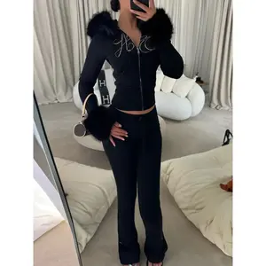 Women’s Y2K street-style hoodie and pants set, stretchy outfit sets, rhinestone letter print, fleece-lined, zip-waistband, fall/winter