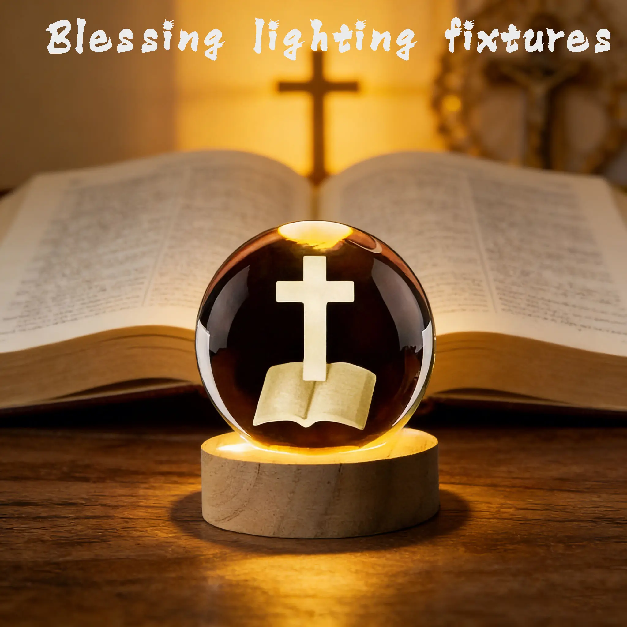 Bible Cross Crystal Ball Night Light with Wooden Base for Cozy Ambiance and Spiritual Decor