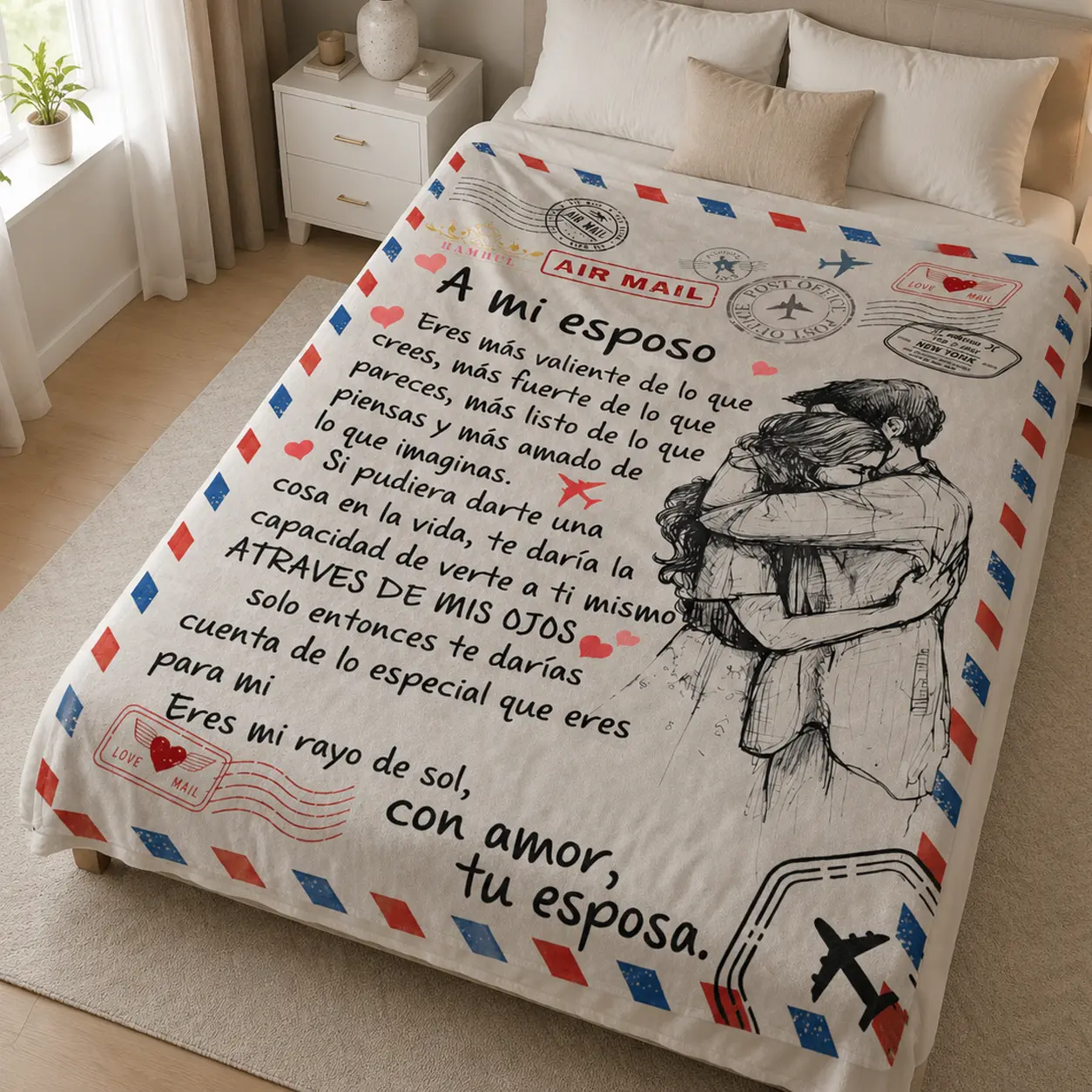 Romantic Spanish Couple Flannel Blanket, “A mi esposo” Love Letter Throw Blanket, Soft Cozy Couple Gift for Husband, Emotional Wedding Anniversary Present, Warm Home Decor Blanket for Bed Sofa, Air Mail Vintage Style Design