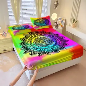 Gradient Rainbow Mandala Flower Printed Bed Sheet Set, Includes 1 Bed Sheet & 2 Pillowcases without Filler, dreamy healing, soft and skin friendly, with multiple styles to choose from, creating a peaceful and comfortable sleeping environment.