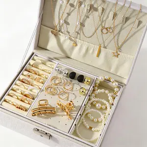 39-piece gold-plated beaded jewelry set, including a butterfly necklace, flower ring, beaded bracelet, earrings, and hair clipa five-in-one jewelry set suitable for everyday wear, parties, and as a holiday gift. (Box not included) accessories women