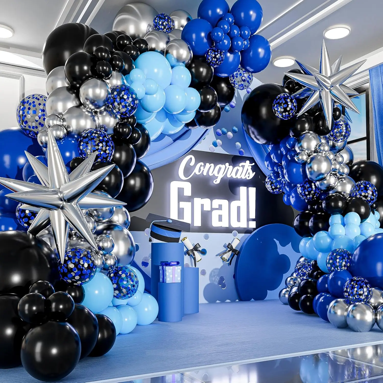 -IN-1 Blue and Black Balloons Arch Kit with BONUS Starbursts - Small & Large  Black Blue balloons - Light, Navy, Royal Blues & Blacks Party ations for , Graduation, Birthday, Gaming