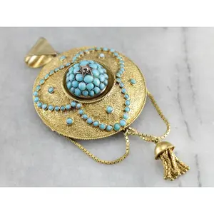 Victorian Etruscan Revival Turquoise Tassel Pendant Brooch