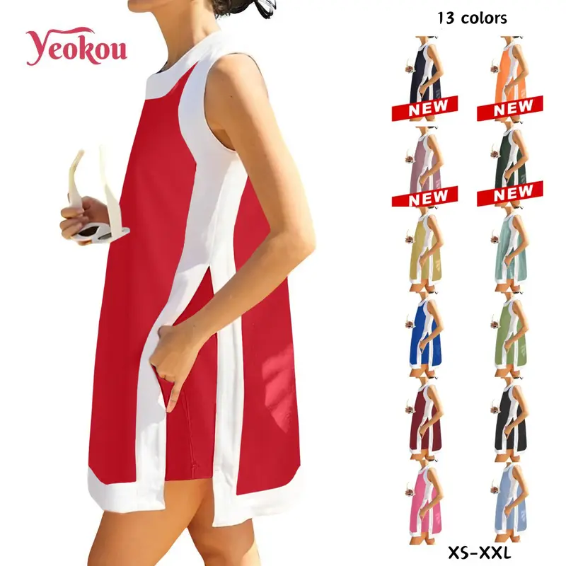 Yeokou Women's 2-Piece Casual Color Block 100% Cotton Lounge Outfit - Lightweight Sleeveless Top, Matching Pocketed Fitted Shorts, Cute 2-Piece Sets, Trending Clothes, Casual Women's Set