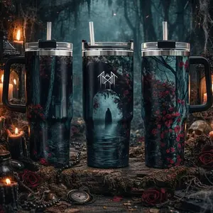 Sleep Token Dark Forest 40oz Insulated Stainless Steel Tumbler with Handle & Straw, Gothic Rose Aesthetic Travel Mug, Large Capacity Band Fan Gift SGR