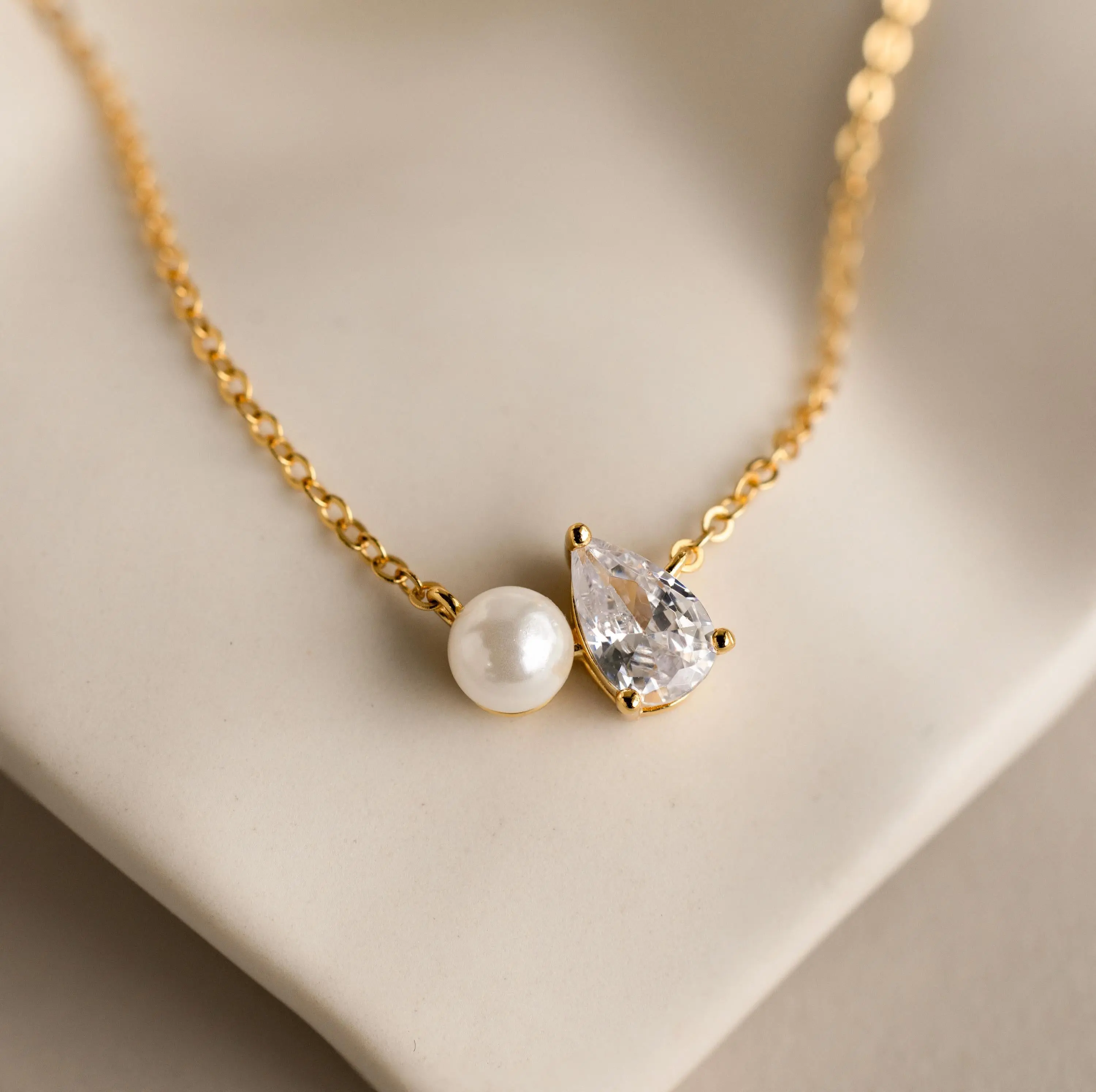 Pearl Diamond Necklace by Caitlyn Minimalist - Toi et Moi Diamond Teardrop Charm Necklace - Dainty Wedding Jewelry - Anniversary Gift