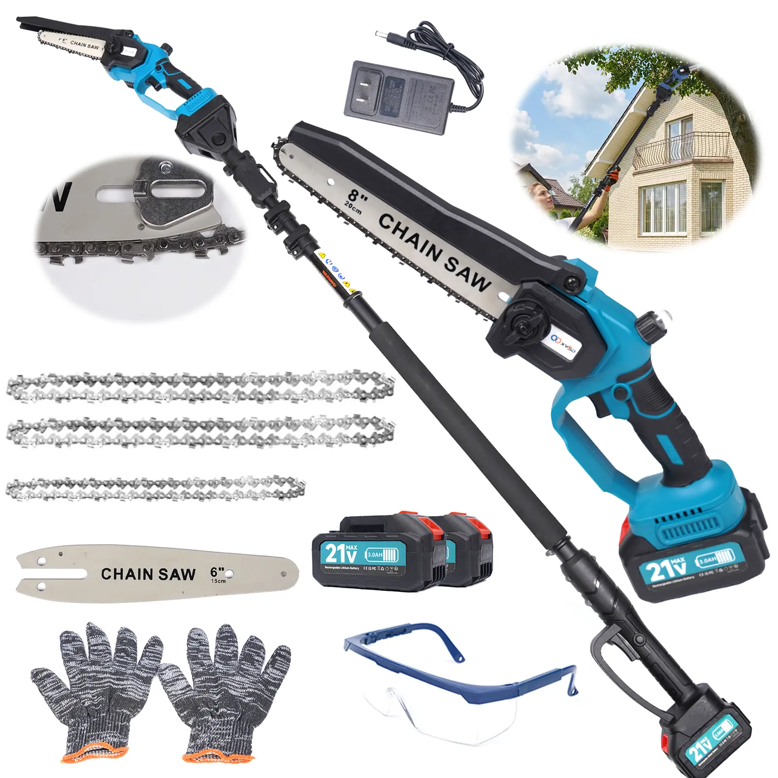 XYSD 2-in-1 Brushless Battery Cordless Pole Saw & Mini Chainsaw, 6" & 8" Electric Tree Trimmer, Extension Pole, Handheld Branch Cutter, Replacement Hoe, Free Tool Kit, Gift for Men, Brushless Chainsaw, Battery Chainsaw