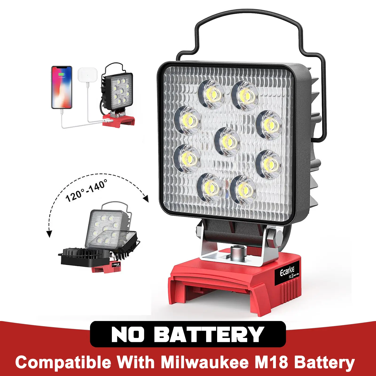 LED Work Light for Milwaukee M18 Li-ion Battery, Battery NOT Included, 27W 2700 Lumens LED Flood Light with Low Voltage Protection & USB & Type-C Char
