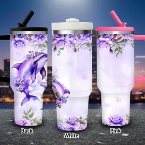1 pc 40 oz whimsical purple floral dolphin artwork tumbler with lid and straw, winter insulated travel mug, gift for women and men, ideal for Valentine’s Day, Easter, birthday gifts, iced/hot coffee cup