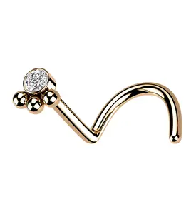 Rose Gold PVD Triple Beaded Clear CZ Nose Screw Ring
