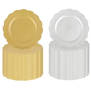 24/50/100 Pack 13 inch Decorative Plastic Table Chargers Gold & Silver Round Beaded Lace Dinner Plates for Wedding Party Dinner Ceremony Banquet
